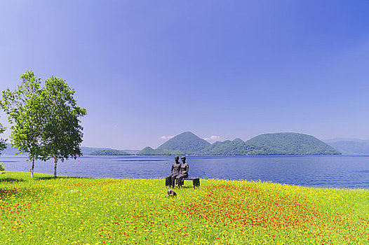 景色,湖,黄色,红花