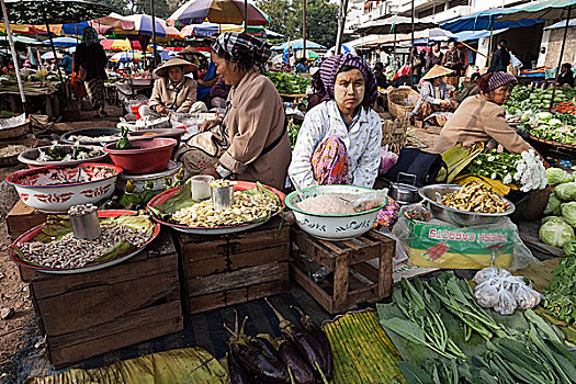 女人,销售,蔬菜,市场,钳,掸邦,缅甸,亚洲