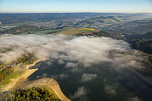 航拍,晨雾,上方,藻厄兰,北莱茵威斯特伐利亚,德国