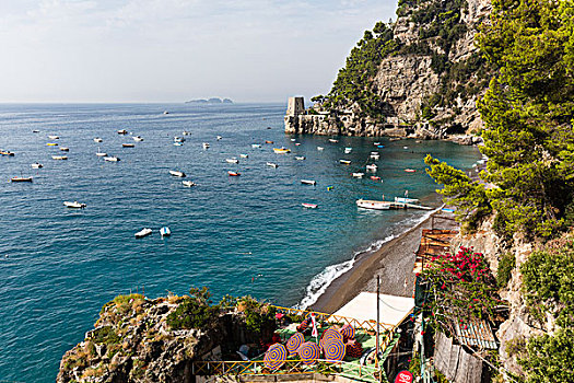 景色,俯视,渔船,港口,陡峭,海岸线,瞭望塔,波西塔诺,阿马尔菲海岸,坎帕尼亚区,意大利