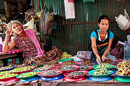 女人,坐,市场摊位,万象,老挝