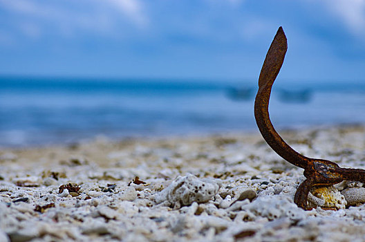 碎石,碎片,沙,沙粒,沙滩,海滩,海岸,岸,砂石,沙子,颗粒,海洋,锚,抛弃,闲置,遗弃,陈旧,破旧