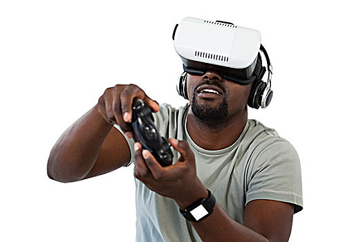 男人,虚拟现实,耳机,玩,电子游戏,白色背景