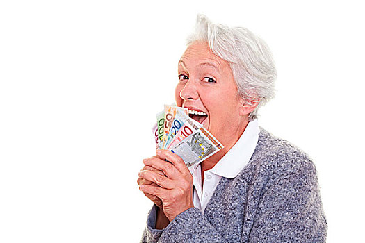 高兴,老年,女人,拿着,许多,欧元,货币