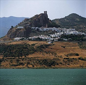 白色,山村,城堡,湖,格拉萨莱玛,安达卢西亚,西班牙,欧洲