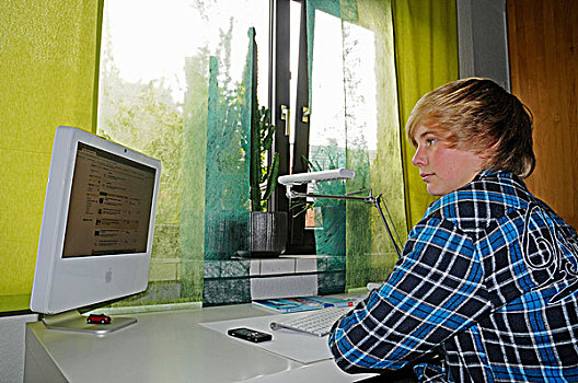 学生,男孩,电脑,书桌,盖尔森基兴,北莱茵威斯特伐利亚,德国,欧洲