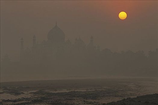 泰姬陵,黎明,旁侧,河,展示,空气污染,印度