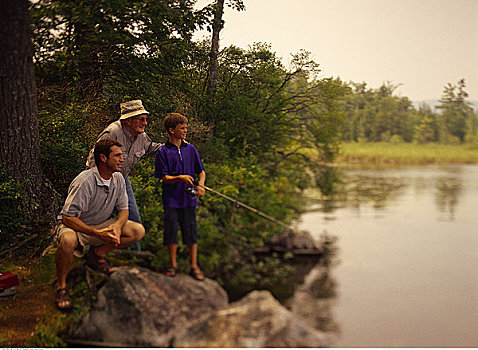 爷爷,父子,钓鱼,石头,贝尔格莱德湖区,缅因,美国