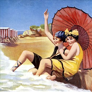 女人,日光浴,海滩,20世纪30年代