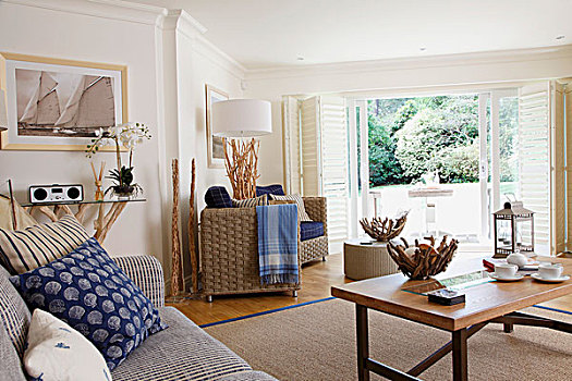 藤条,扶手椅,纺织品,蓝色,多样,配饰,根,木头,室内,花园