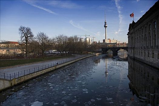 风景,电视塔,公园,博物馆,上方,施普雷河,浮冰,冬天,德国,欧洲
