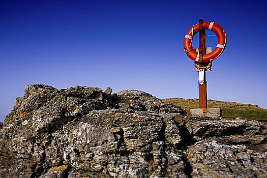 威尔士,安格尔西岛,红色,救生圈,岩石,海岸
