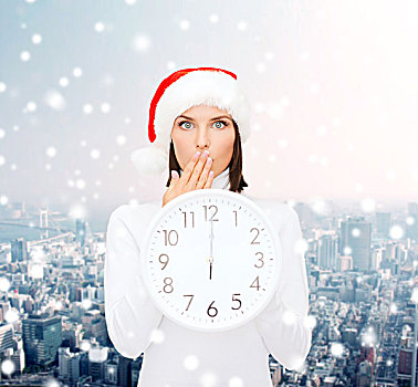圣诞节,时间,冬天,人,概念,微笑,女人,圣诞老人,帽子,钟表,展示,上方,雪,城市,背景