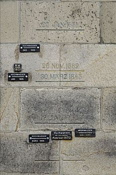 墙壁,水位,标记,展示,洪水,莱茵河,河,科布伦茨,20世纪,一月,莱茵兰普法尔茨州,德国,欧洲