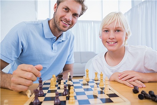 父亲,小男孩,玩,下棋