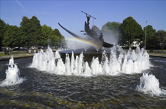 捕鲸,纪念建筑,挪威,雕刻师,喷泉,彩虹,南方,斯堪的纳维亚