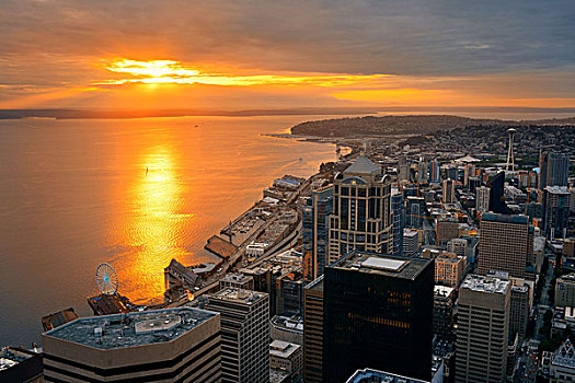 西雅图,日落,屋顶,风景,城市,摩天大楼