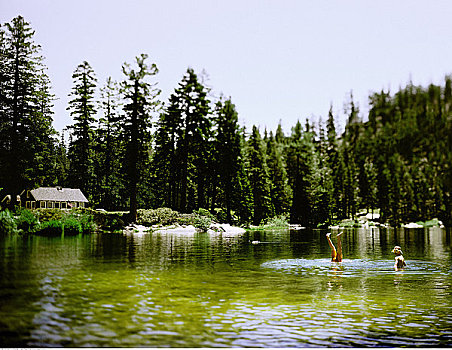 男孩,游泳,安哥拉湖,内华达山脉,加利福尼亚,美国