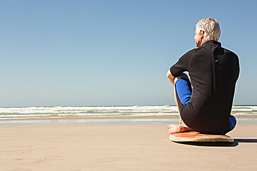 老人,坐,冲浪板,海滩,晴天,后视图