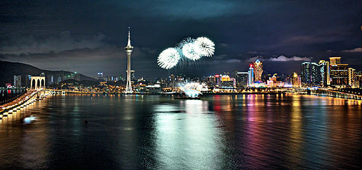 澳门,海面,夜景,灯光,大桥,烟花