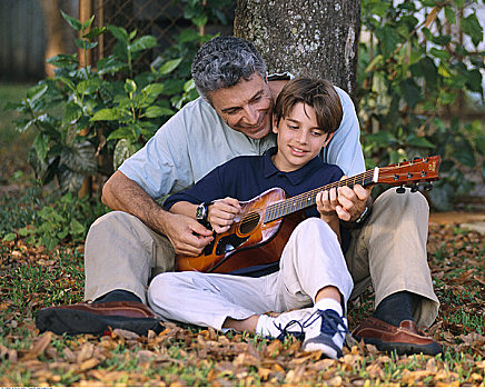 父亲,教育,儿子,玩,吉他