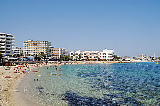 海滩,酒店,高层建筑,伊比萨岛,巴利阿里群岛,西班牙,欧洲