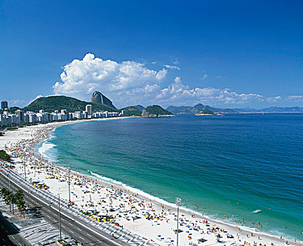 航拍,人群,海滩,科巴卡巴纳海滩,甜面包山,里约热内卢,巴西