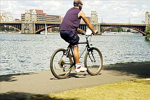 后视图,一个人,骑自行车