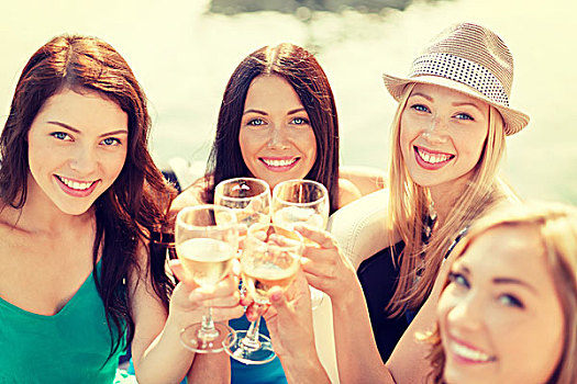 暑假,度假,庆贺,概念,微笑,女孩,香槟,玻璃杯