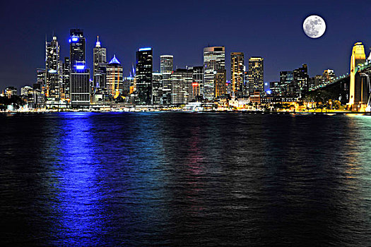 风景,悉尼,小湾,满,月亮,环形码头,港口,天际线,中央商务区,夜晚,新南威尔士,澳大利亚