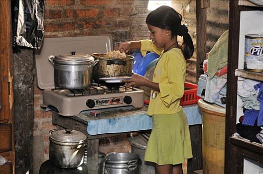 女孩,填充,盘子,穷,厨房,贫民窟,区域,计划,玻利维亚,南美