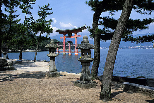日本,靠近,广岛,宫岛,大门,石头,灯笼,松树