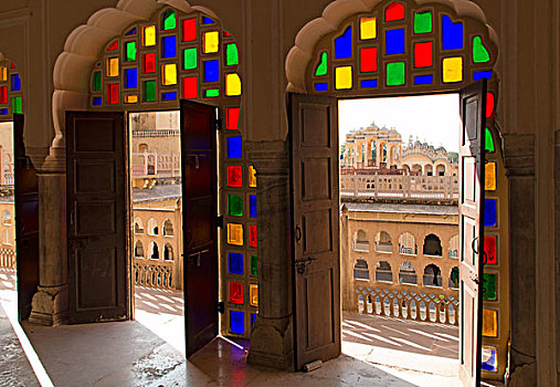 彩色,玻璃门,远眺,院落,风之宫,风宫,斋浦尔,拉贾斯坦邦,印度,亚洲