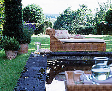 藤条,躺椅,靠近,游泳池,经典,夏天,花园