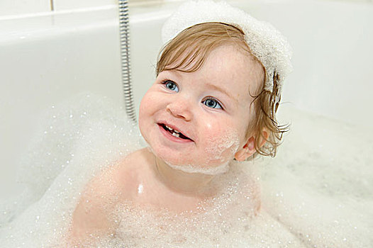女孩,1岁,玩,泡沫,浴缸,肖像