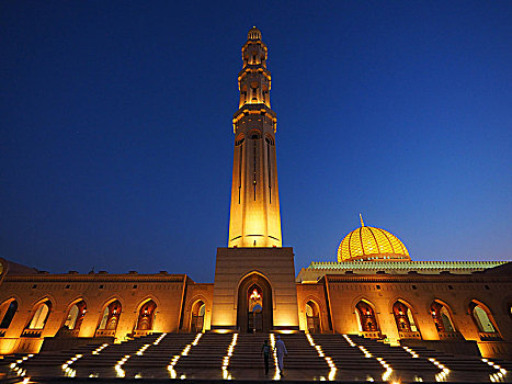 晚间,气氛,光亮,苏丹,清真寺,尖塔,马斯喀特,阿曼,亚洲