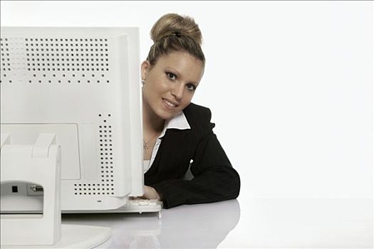 职业女性,坐,后面,电脑,微笑
