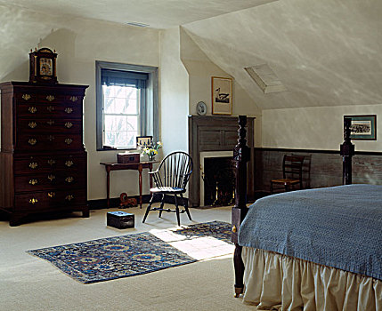 北卡罗来纳,19世纪,历史,房子,传统,家具,时期,小,卧室,檐,倾斜,天花板,椅子,柜橱,床