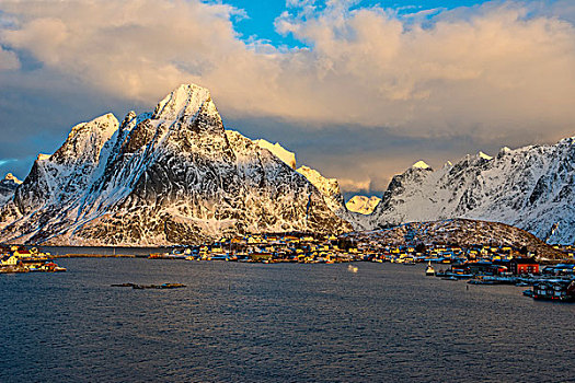 渔村,早晨,亮光,瑞恩,罗浮敦群岛,挪威,欧洲