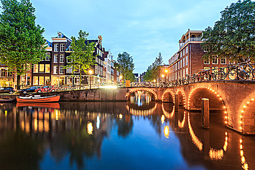 自行车,船,运河,建筑,黄昏,阿姆斯特丹,荷兰