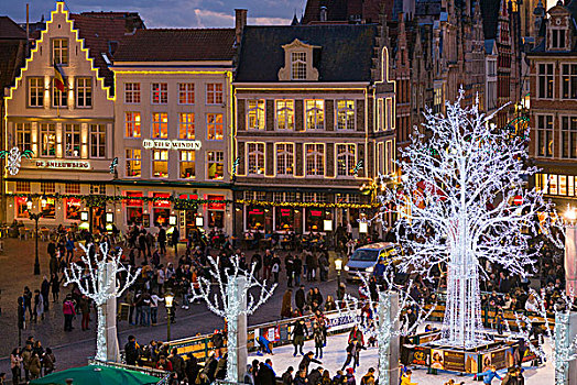 比利时,布鲁日,市场,俯视图,大广场,建筑,冬天,滑冰场,黃昏