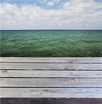 空,木质露台,桌子,上方,海洋,背景,就绪,产品,展示,蒙太奇