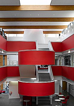 红色,三个,层,楼梯,中心,高中,兰开夏郡,英格兰,英国