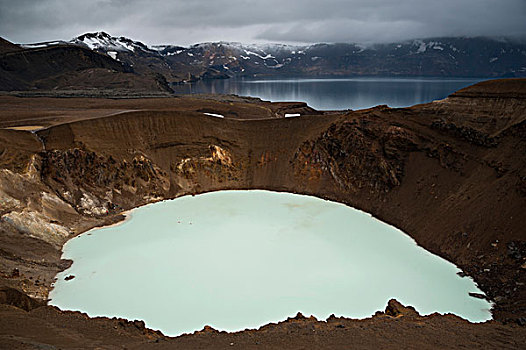 火山口,火山,火山湖,正面,背影,高地,冰岛,欧洲