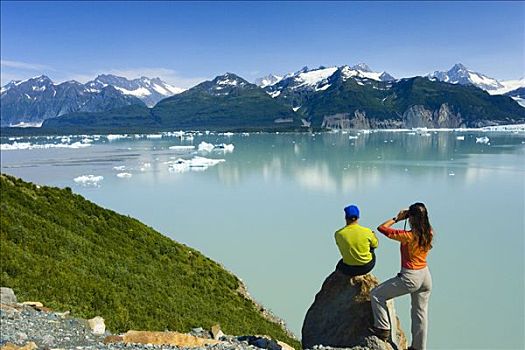 伴侣,坐,岩石上,注视,阿尔西克湖,冰河,山峦,冰河湾,公园,阿拉斯加