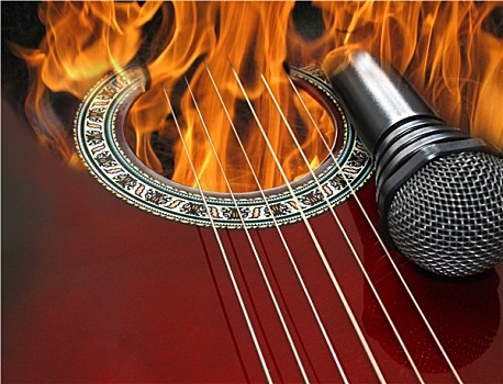 吉他,麦克风,燃烧,火