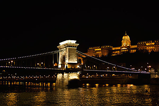 城堡,链索桥,夜景,多瑙河,河,环境,布达佩斯,匈牙利