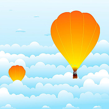插画,热气球,上升,云