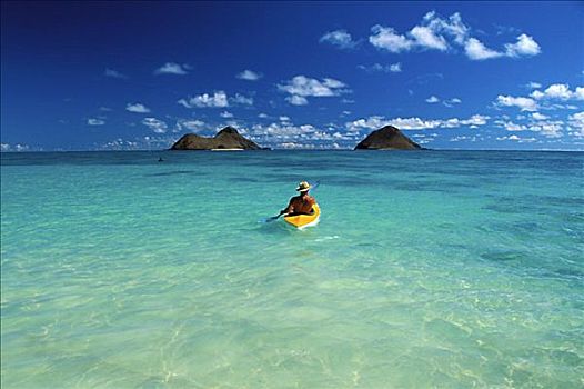 夏威夷,瓦胡岛,后视图,男人,戴着,帽子,莫库鲁阿岛,岛屿,蓝天