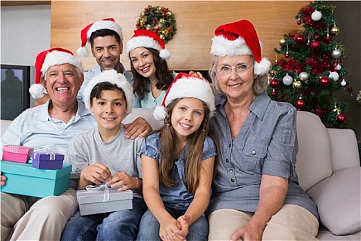 大家庭,圣诞节,帽子,礼盒,客厅